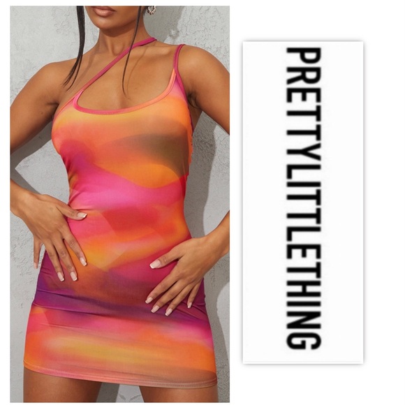 pink abstract print slinky asymmetric strap detail bodycon dress Tesla Cami Strap Asymmetrical Midi Dress Hot Pink